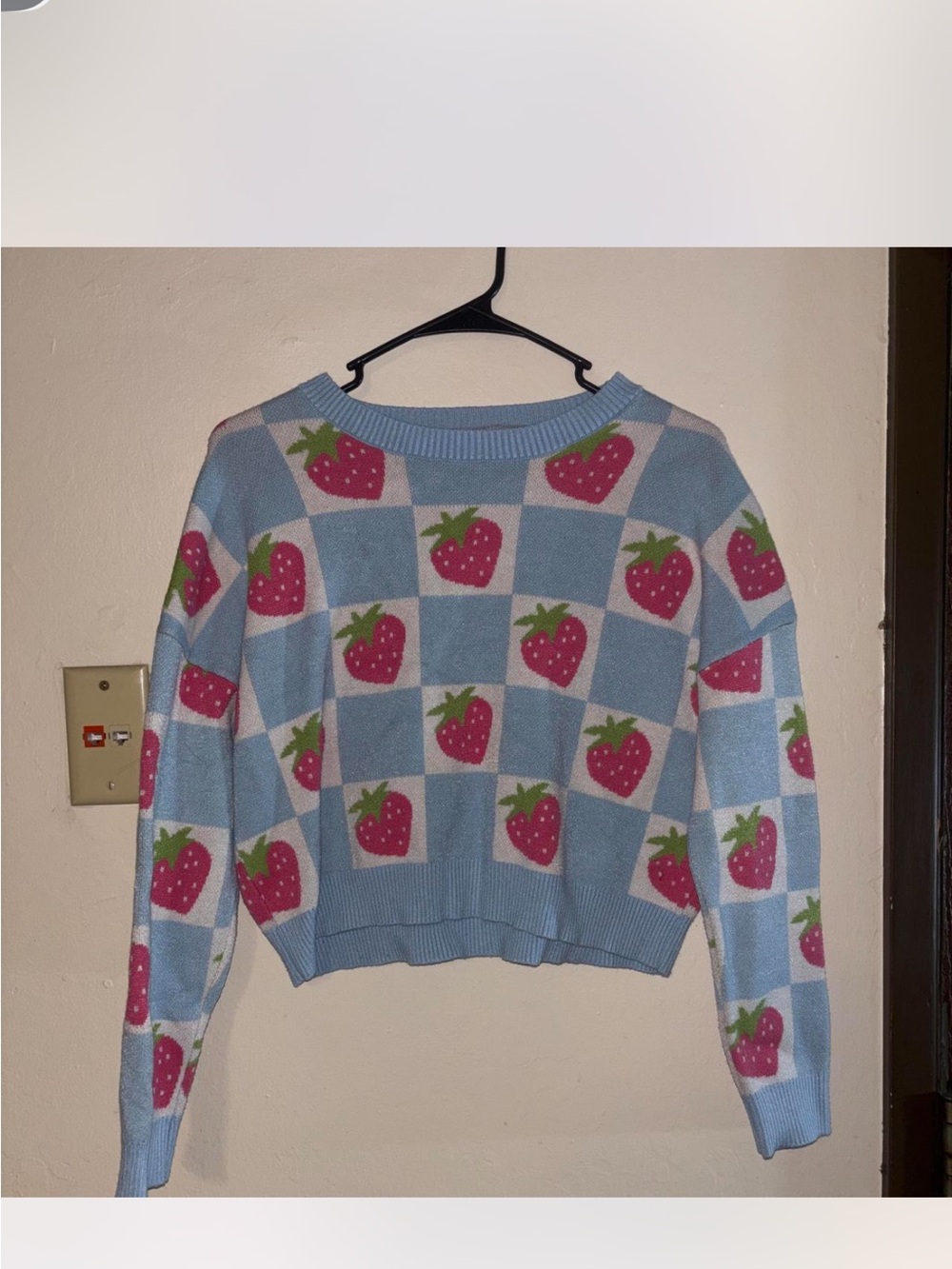 Womens Strawberry Check Crewneck Sweater - Light Blue & Pink